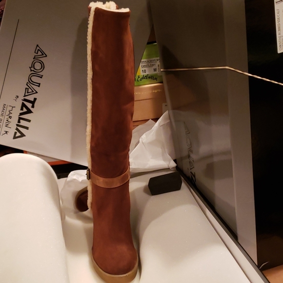 Aquatalia Italy New Tall Weatherproof Wedge Boot NIB Suede Leather Women's πHP - Picture 14 of 16